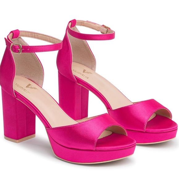 NIB Hot Pink SATIN Chunky Platform Heels BARBIE 🌸🎀👙Sandals Pumps Shoes 8 - Picture 2 of 4
